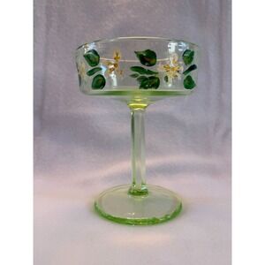 Uranium Glass Compote Painted White Floral Pedestal Candy Dish 6"